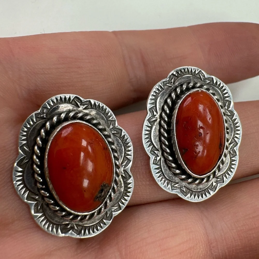 Navajo J. Slifka 925 Sterling silver and coral clip on earrings 11.7g